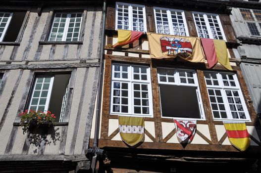 Medieval half-timbered buildings in the ancient french town of Dinan in Brittany.