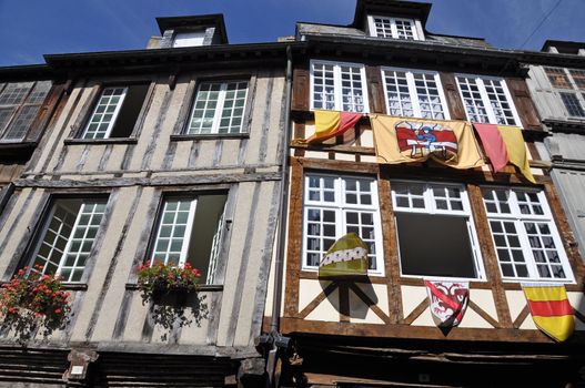 Medieval half-timbered buildings in the ancient french town of Dinan in Brittany.