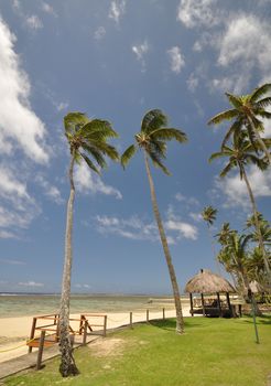 The tranquil beaches of the  South Pacific Ocean really are paradise found. This thatched beach hut overlooks the Coral Coast on the island of Viti Levu (Fiji)