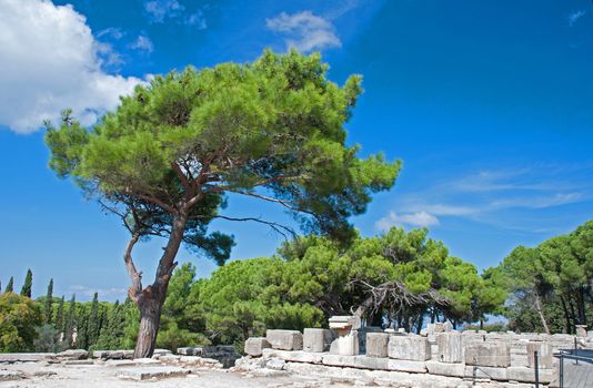 Ruins of Temple of Athena at Ialyssos monastery on the Greek island of Rhodes is built at the top of Mount Filerimos