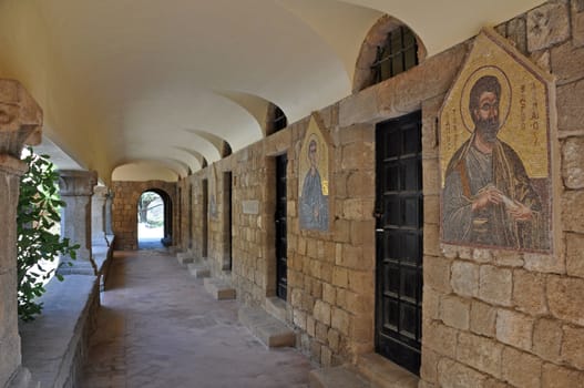 Cloisters and Medieval Frescoes at Ialyssos monastery on the Greek island of Rhodes is built at the top of Mount Filerimos