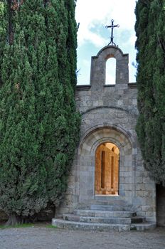 Cloister entrance at Ialyssos monastery on the Greek island of Rhodes is built at the top of Mount Filerimos