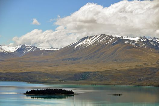 Motuariki Island on Lake Tepako from the path near Mount John Observatory