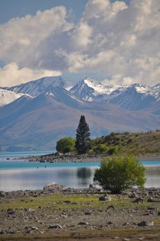 Head of Lake Tepako New Zealand seen from the head of the lake near the Church of the Good Shepherd and Lake Tepako village.