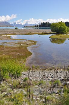 Head of Lake Tepako New Zealand seen from the head of the lake near the Church of the Good Shepherd and Lake Tepako village.