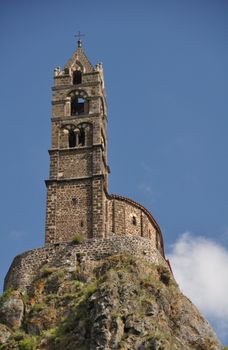 The Chapel built on the top of a needle of volcanic lava, called Rocher St Michel ( Mont d'Aiguilhe ) in the city of Le Puy en Velay, is one of the most impressive sights in the Auvergne, France