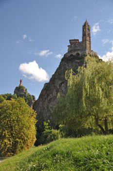 The Chapel built on the top of a needle of volcanic lava, called Rocher St Michel ( Mont d'Aiguilhe ) is one of the most impressive sights in the Auvergne, France