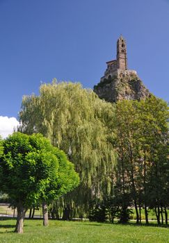 The Chapel built on the top of a needle of volcanic lava, called Rocher St Michel ( Mont d'Aiguilhe ) is one of the most impressive sights in the Auvergne, France