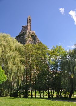 The Chapel built on the top of a needle of volcanic lava, called Rocher St Michel ( Mont d'Aiguilhe ) is one of the most impressive sights in the Auvergne, France