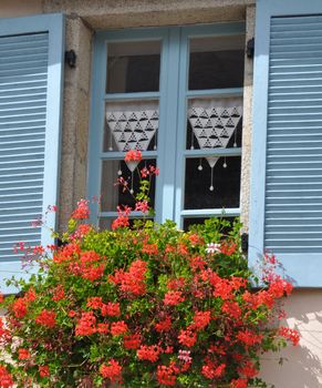 Floral display in the village of Locronan, in Brittany, rural France