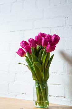 beautiful pink tulips on white background in glass