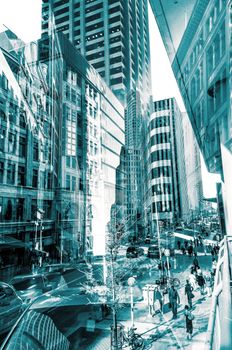   Double exposure, reflections in buildings and  in the streets of Toronto