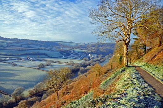 The view from Castle Hill, Torrington, in North Devon, England, overlooks the deep ravine of the River Torridge ( The home of Tarka the Otter ). Taken on a crisp winter morning the village of Taddiport can be seen at the end of the valley.