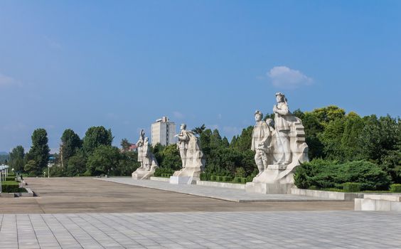 Heroic statues at Juche Tower, Pyongyang, North Korea