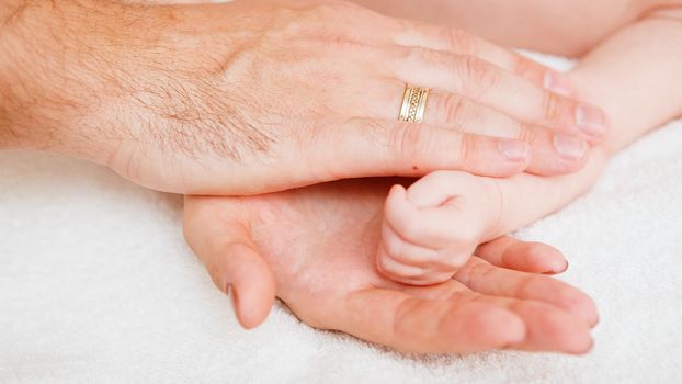 Holding Hands. hand the sleeping baby in the hand of parent close-up