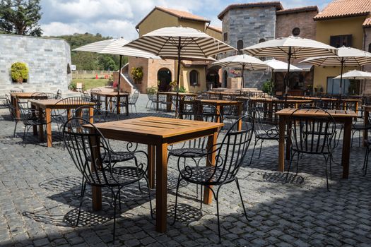 italian style cafe in the old street building with nobody