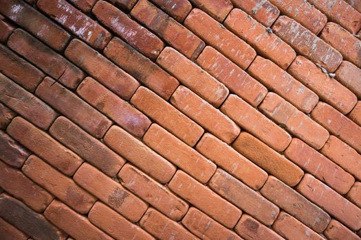 Grunge red brick wall background in slope view