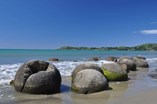 Moeraki Boulders are perfectly spherical rocks on the beach at Moeraki, near Oamaru. Up to 13 feet round Maori believe they were canoe food baskets.