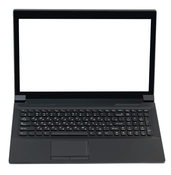 Open black laptop with blank screen isolated on white background