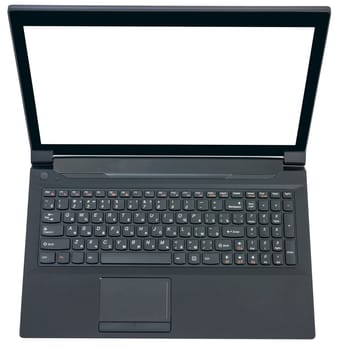 Open black laptop with blank screen isolated on white background, top view