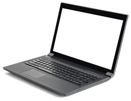 Open black laptop with blank screen isolated on white background, side view