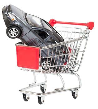 Car in red shopping cart isolated on white background