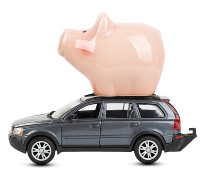 Grey car with piggy bank isolated on white background, side view