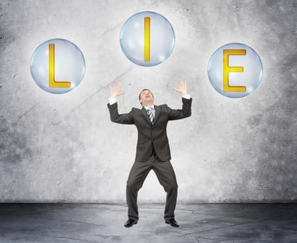 Scared businessman with word lie on grey background