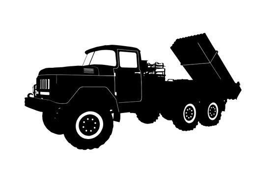 Silhouette of the military machine, multiple rocket launchers, isolated on a white background.