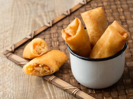 close up of rustic golden chinese spring rolls