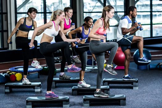 Fit smiling group doing exercise in gym