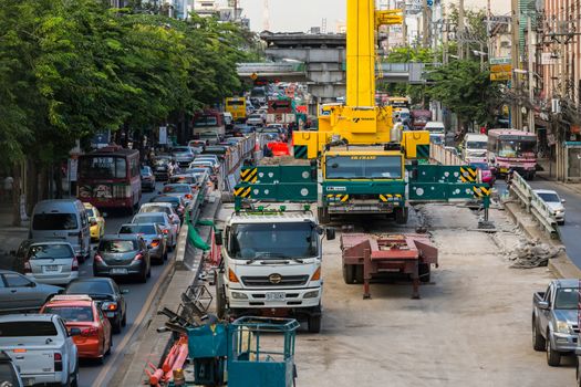 Bangkok, Thailand - November 22, 2015: Heavy traffic jams cause by the construction of the BTS skytrain on the Phahonyothin Road in Bangkok, Thailand