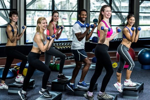 Fit smiling group doing exercise in gym