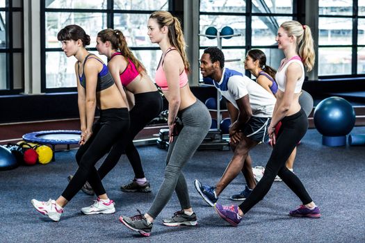 Fit smiling group doing exercise in gym