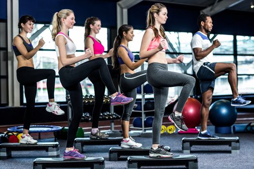 Fit smiling group doing exercise in gym