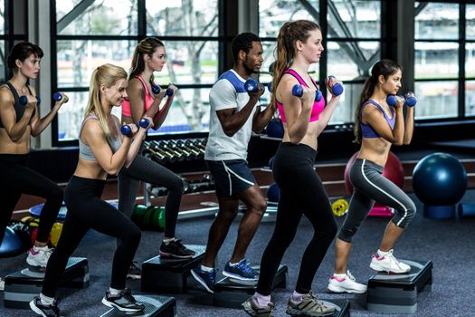 Fit smiling group doing exercise in gym