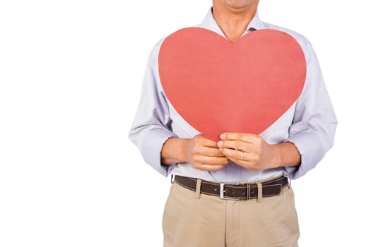 Older asian man showing heart on white background
