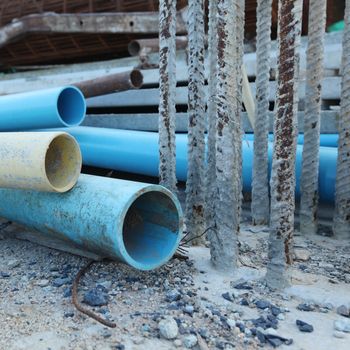 Construction site with building materials stored outside