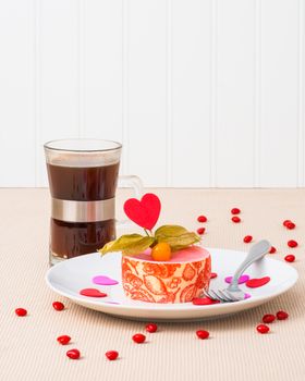 Special valentines day dessert served with coffee.