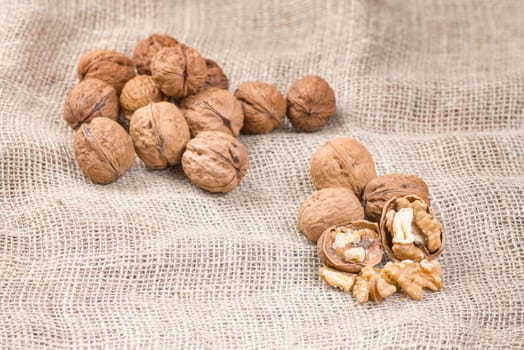 Walnut kernels and whole walnuts on rustic sack.