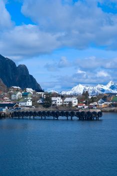Pier of town Svolvaer on Lofoten islands in sunny day