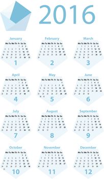 A 2016 yearly calendar based on a blue pentagon