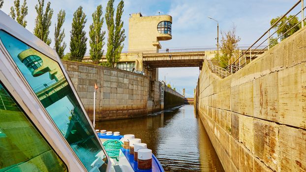 One of the locks on the navigable river Dnepr in Ukraine