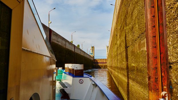 One of the locks on the navigable river Dnepr in Ukraine