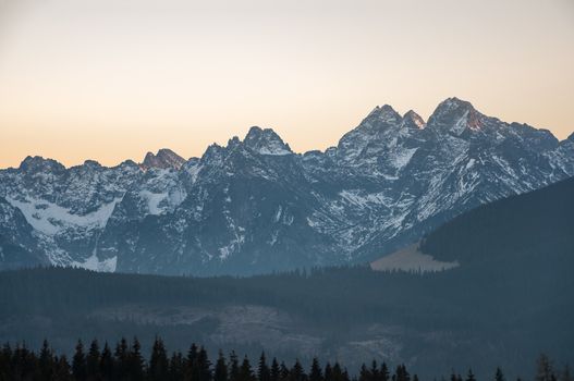 Landscape of Tatra Mountains at sunset on the Slovak-Polish border