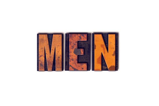 The word "Men" written in isolated vintage wooden letterpress type on a white background.