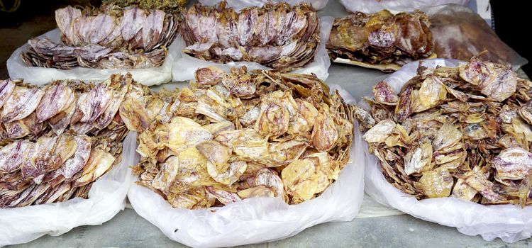 Dry squid at fresh local market  in Luang Prabang, Laos