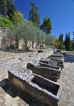 The extensive Roman ruins at Vaison-La-Romaine, Provence, France. These Gallo-Roman remains are situated in the very centre of the fascinating ancient town of Vaison-La-Romaine. The ruins shown are part of the Portique de Pompee, within the Quartier De Puymin ( Puymin Hill ). This area also contains the Roman Theatre.