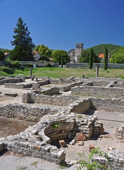 La Villasse, these extensive Roman ruins are at Vaison-La-Romaine, Provence, France. These Gallo-Roman remains are situated in the very centre of the fascinating ancient town of Vaison-La-Romaine. The ruins shown are the Maison au Dauphin (Dolphin House) - a large private house which contained the first private bath in Gaul. In the distance is the Ancient Cathedral of Notre-Dame-de-Nazareth.