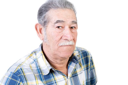 One serious mature male with mustache wearing blue and yellow striped flannel shirt over white background